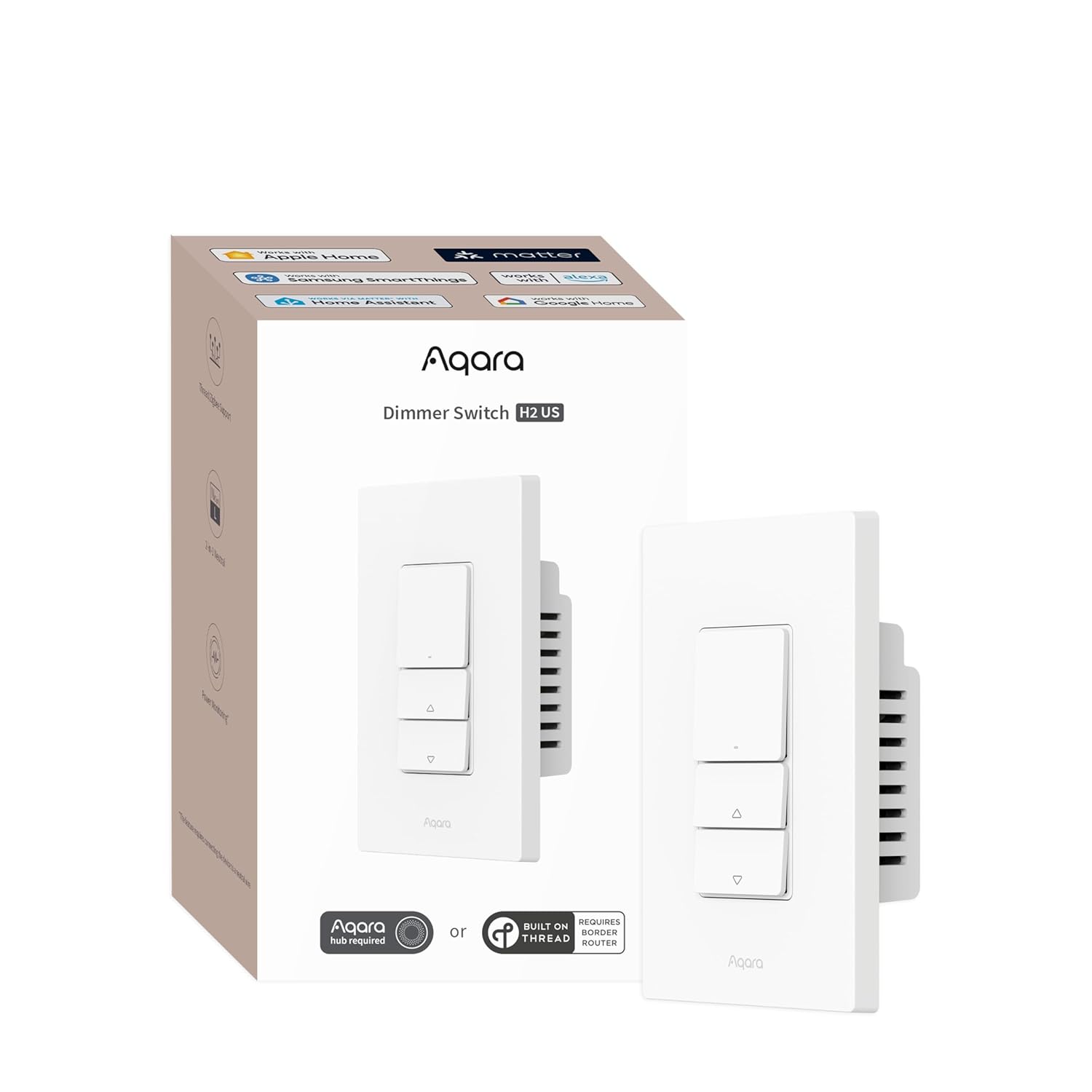 Aaqara Smart Dimmer Switch H2,2-in-1 Neutral,Thread/Zigbee Support,Silent On/Off Dimmer Light Switch for Incandescent,Halogen,Dimmable LED,ELV,and CFL