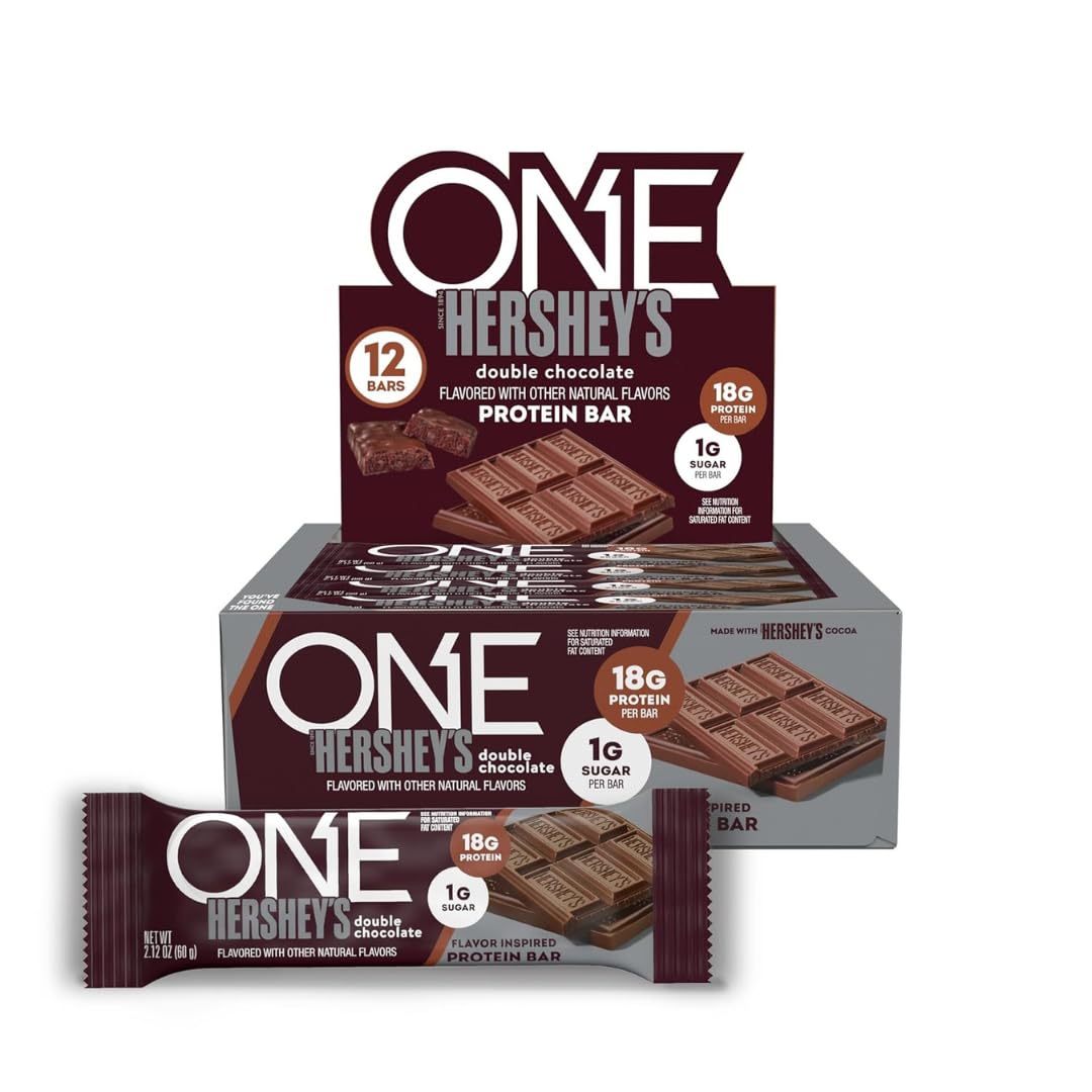 ONE Protein Bars, NEW Hershey's Double Chocolate, Gluten Free with 18g Protein and 3g Sugar, Pantry Staples 2.12 oz (12 Pack)