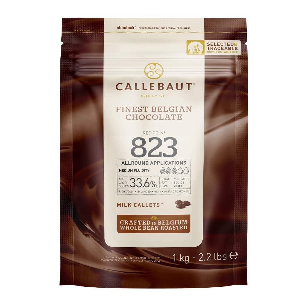 Callebaut No. 823 Finest Belgian Milk Chocolate Callets 1kg Bag | 33.6% min dry cocoa solids; 20.8% min dry milk solids; 36.2% fat; rich cocoa - balanced - milky - hints of caramel