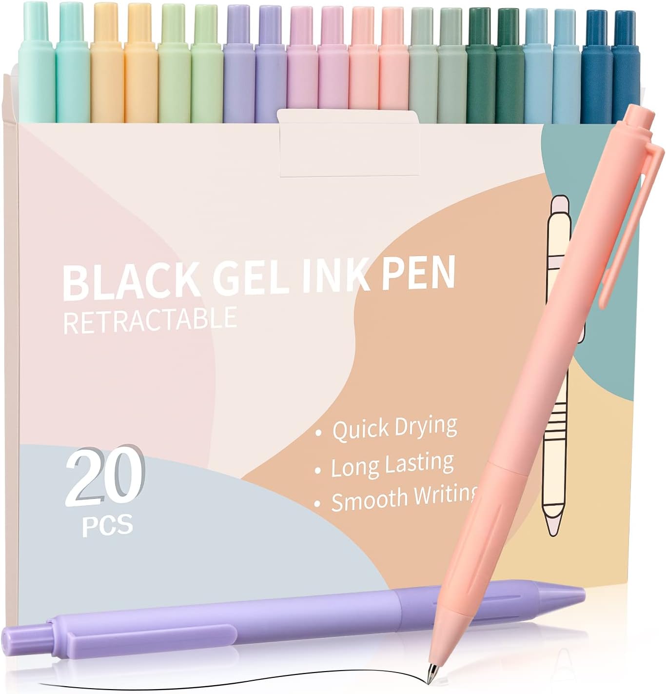 Gel Ink Rollerball Pens, 20 Pack 0.5mm Black Retractable Pastel Ballpoint Pen for Students Adult Handwriting Note Taking School & Office Supplies