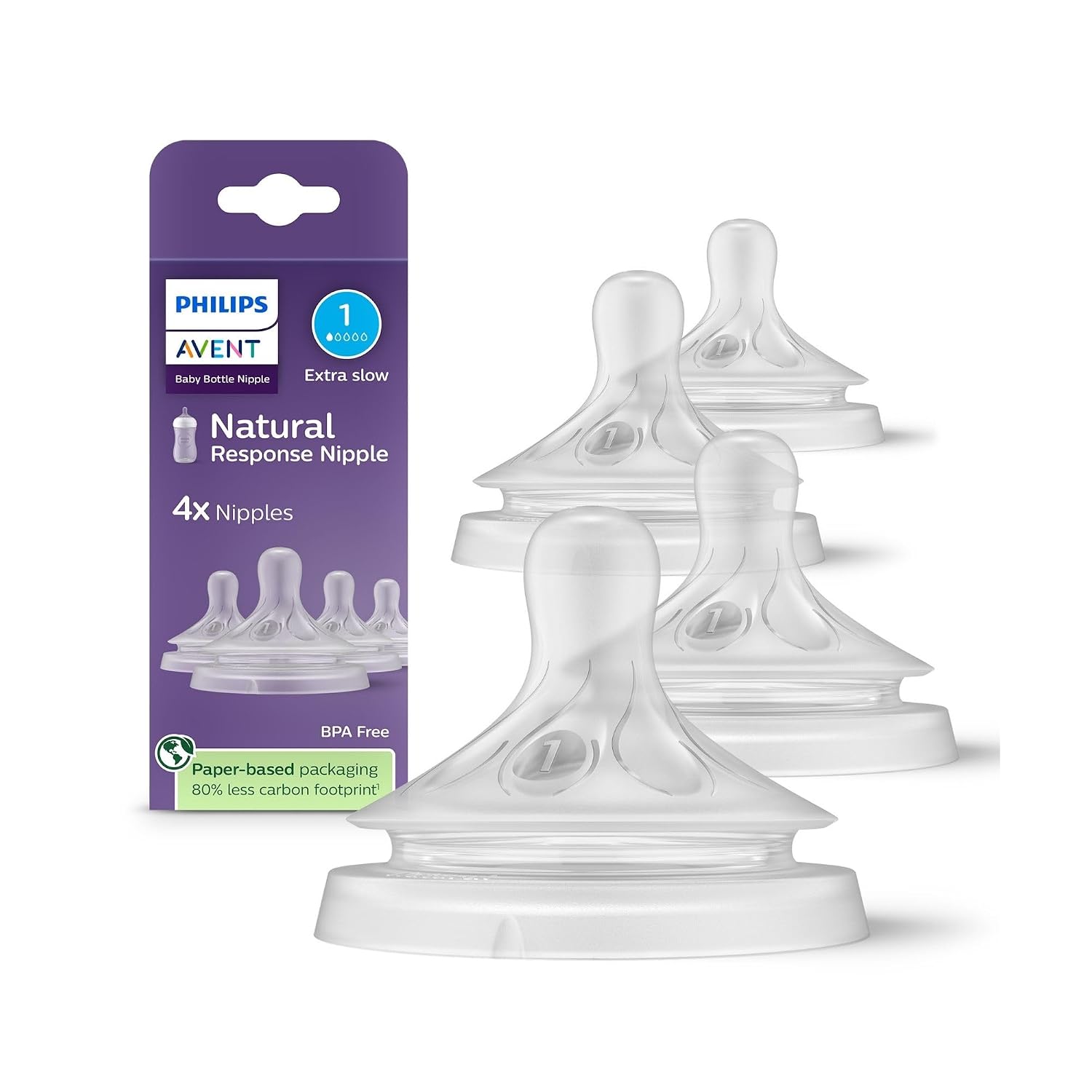 Philips Avent Natural Response Nipples, Extra Slow Flow, BPA-Free, 4-Pack | Baby-Controlled Flow, No-Drip Design, Anti-Colic Valve, Wide Breast-Shaped Nipple, 4-Pack, SCY961/44