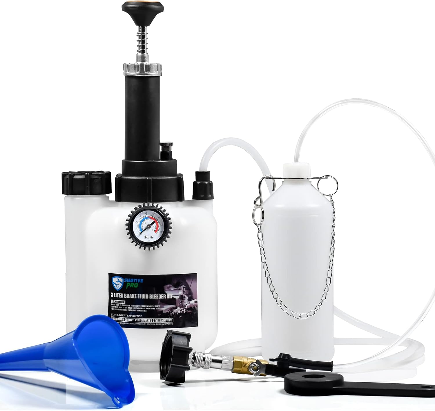 SMOTIVEPRO Brake Bleeding Kit, 3L Manual Brake Bleeder with 1L Brake Bleeding Bottle and E20 45mm Master Cylinder Adapter for Most European Models and Car Clutch ABS Systems