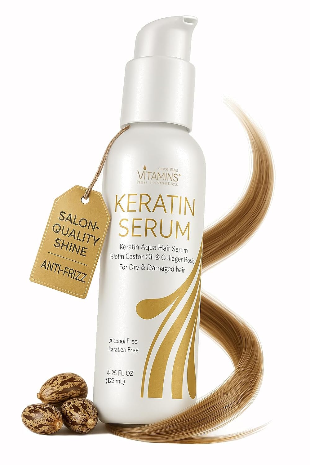 VITAMINS hair cosmetics Keratin Hair Serum Oil for Frizzy, Dry, Damaged Hair - Anti-Frizz Shine Gloss Treatment, Heat Protectant with Biotin, Castor Oil and Collagen - 4.25 fl oz