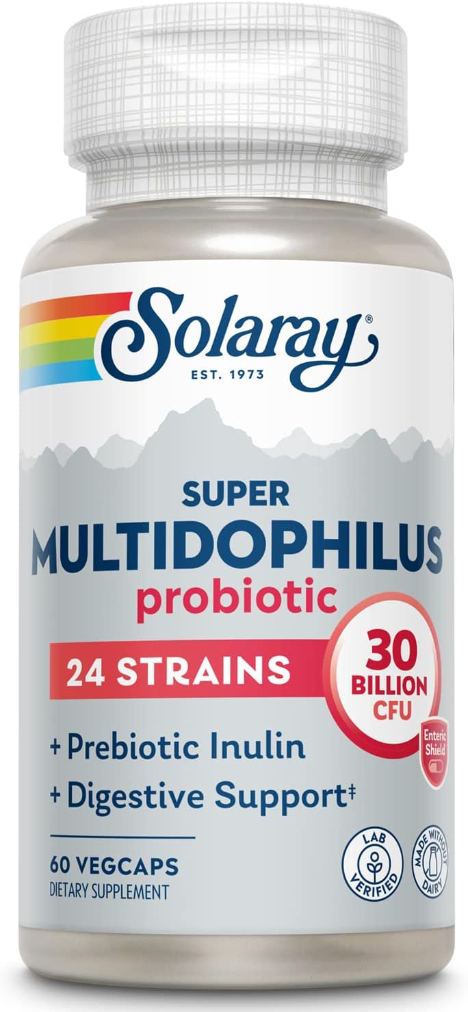 SOLARAY Multidophilus 24 Strain Probiotic 30 Billion CFU, Probiotics for Digestive Health for Women and Men, Daily Gut Health Support Complex with Prebiotic Inulin, No Dairy 60 VegCaps