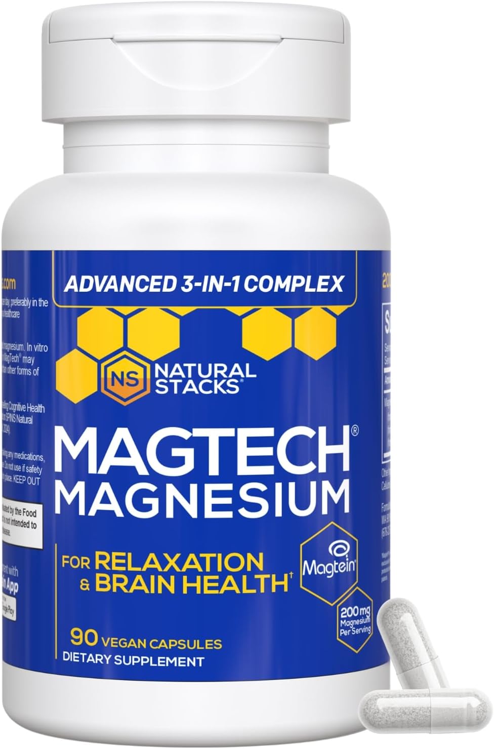 Magtein Magnesium L-Threonate, Glycinate & Taurate – 200mg Chelated Magnesium Complex – MagTech Magnesium Supplement for Relaxation & Brain Health – 90 Capsules