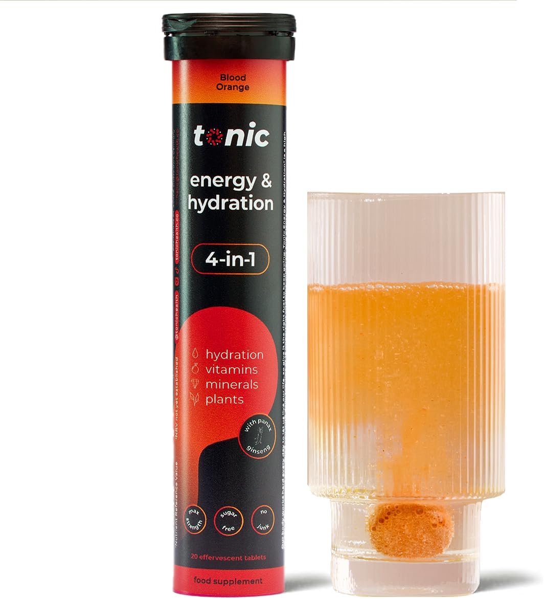 Tonic Health Energy and Hydration Tablets - 15 Vitamins, Minerals, Plants with Panax Ginseng, No Sugar Effervescent Multivitamins - Rehydration Electrolytes Tablets, Blood Orange 20 Count