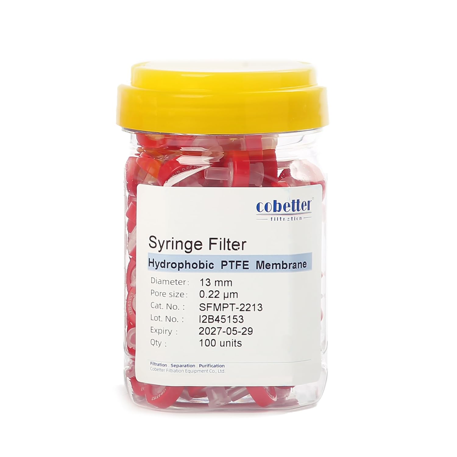 100 Pack PTFE Syringe Filter Lab Filters Hydrophobic Filtration 0.22μm Pore Size 13mm Diameter Non-sterile Red