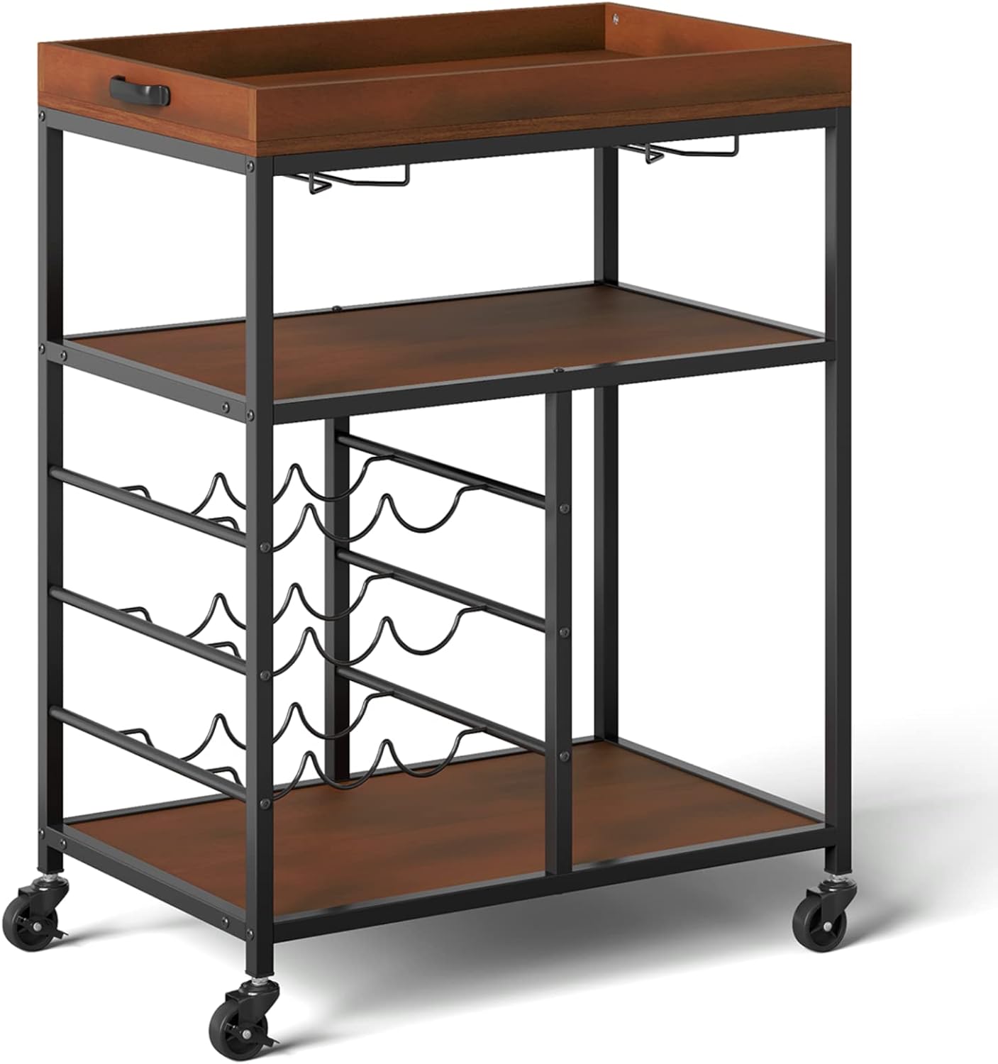 TANGZON 3-Tier Kitchen Serving Trolley, Rolling Bar Cart with Wine Rack, Glass Holders & Wheels, Metal Frame Drinks Trolley for Dining Room Restaurant (3-Tier Wine Rack & Shelf, 71x45x93cm)