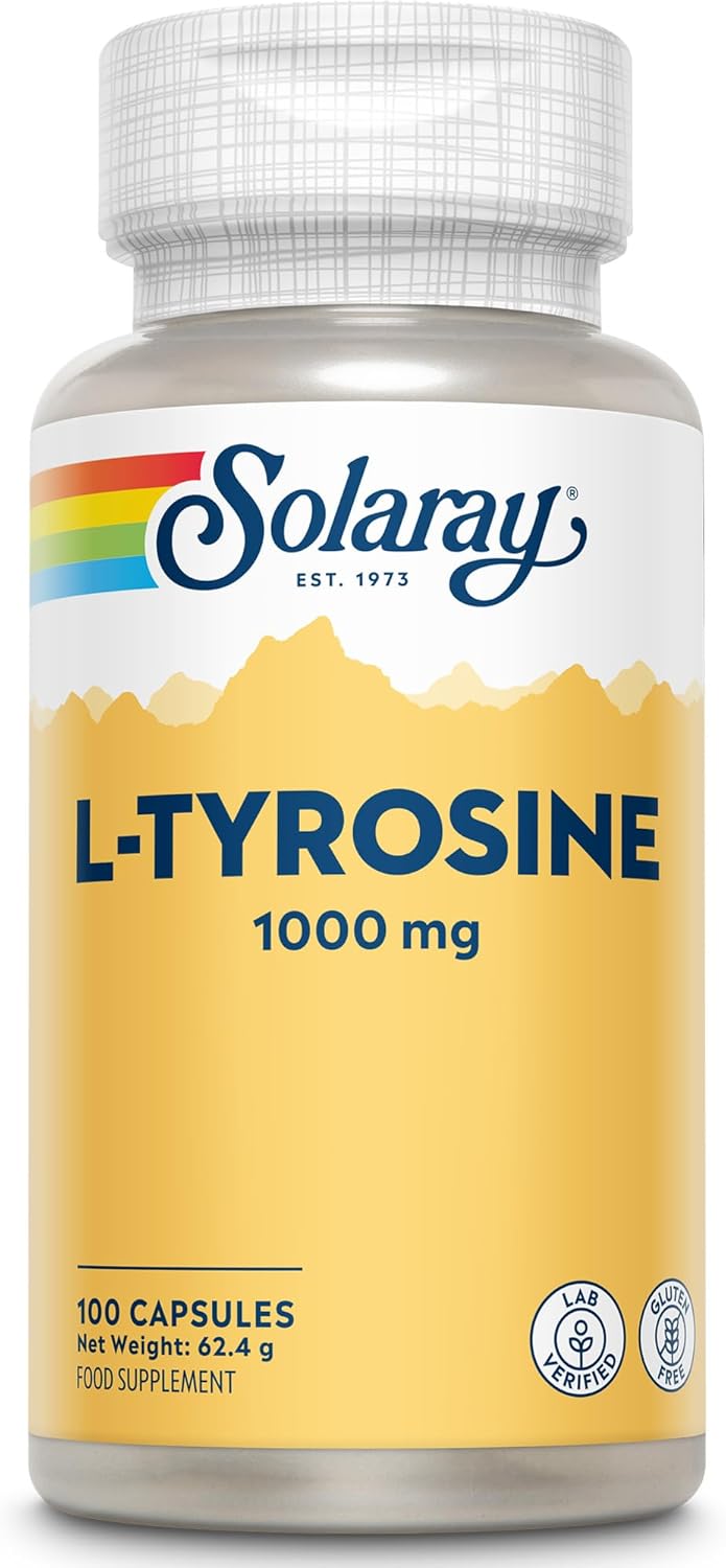 Solaray - L-Tyrosine 1000mg Free Form - 100 Capsules - 500mg of ltyrosine per Capsule - High Strength l Tyrosine - Amino Acid Supplement for Men & Women - Non GMO & Lab Verified