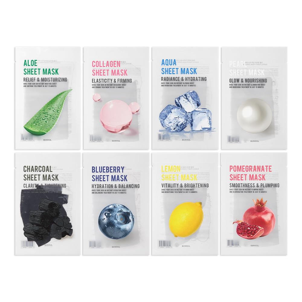 EUNYUL [PACK OF 8] Purity Facial Sheet Mask Pack 8 types Korean Skincare Hydrating & Nourishing & Natural Ingredients for All Skin Type