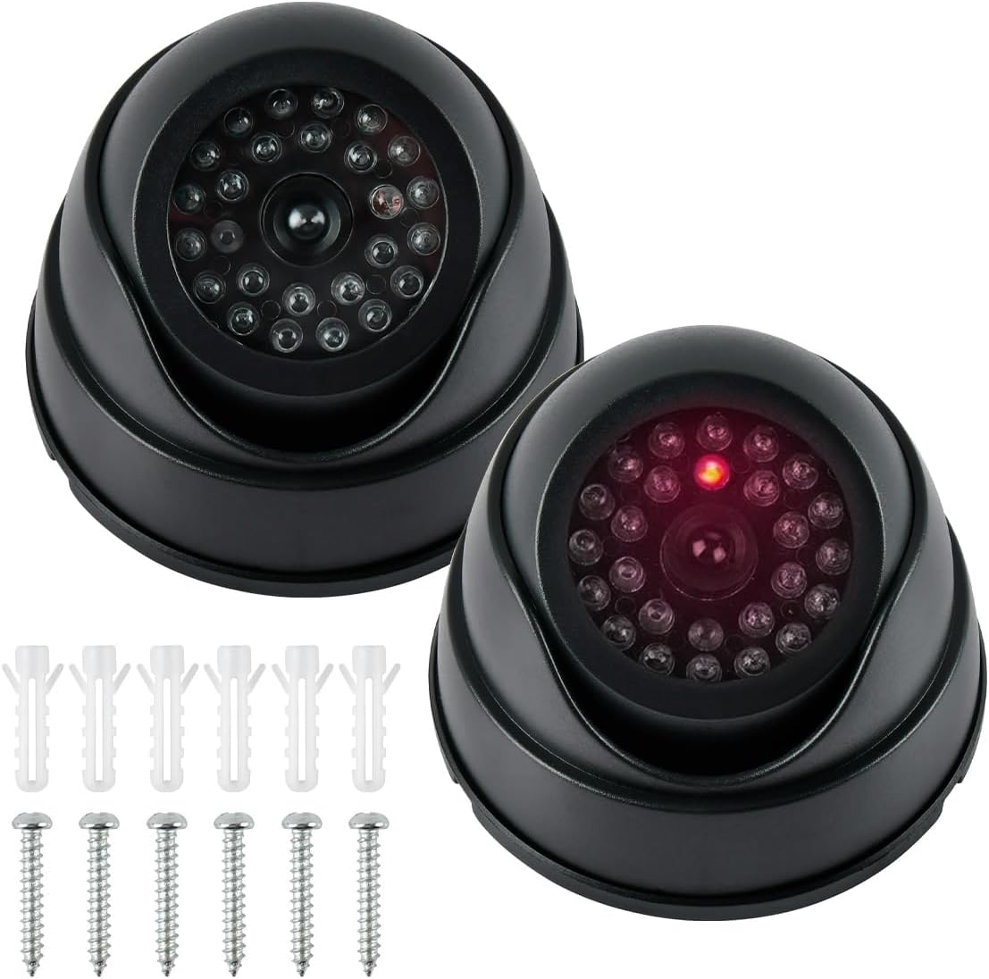 Dummy Cameras Fake CCTV 2PCS, Dome Dummy Fake Security CCTV Camera Simulation Monitor with Flashing LED Light, Dummy CCTV Camera Outdoor Indoor, Dummy Fake Camera Waterproof with 2 CCTV Signs + Screws