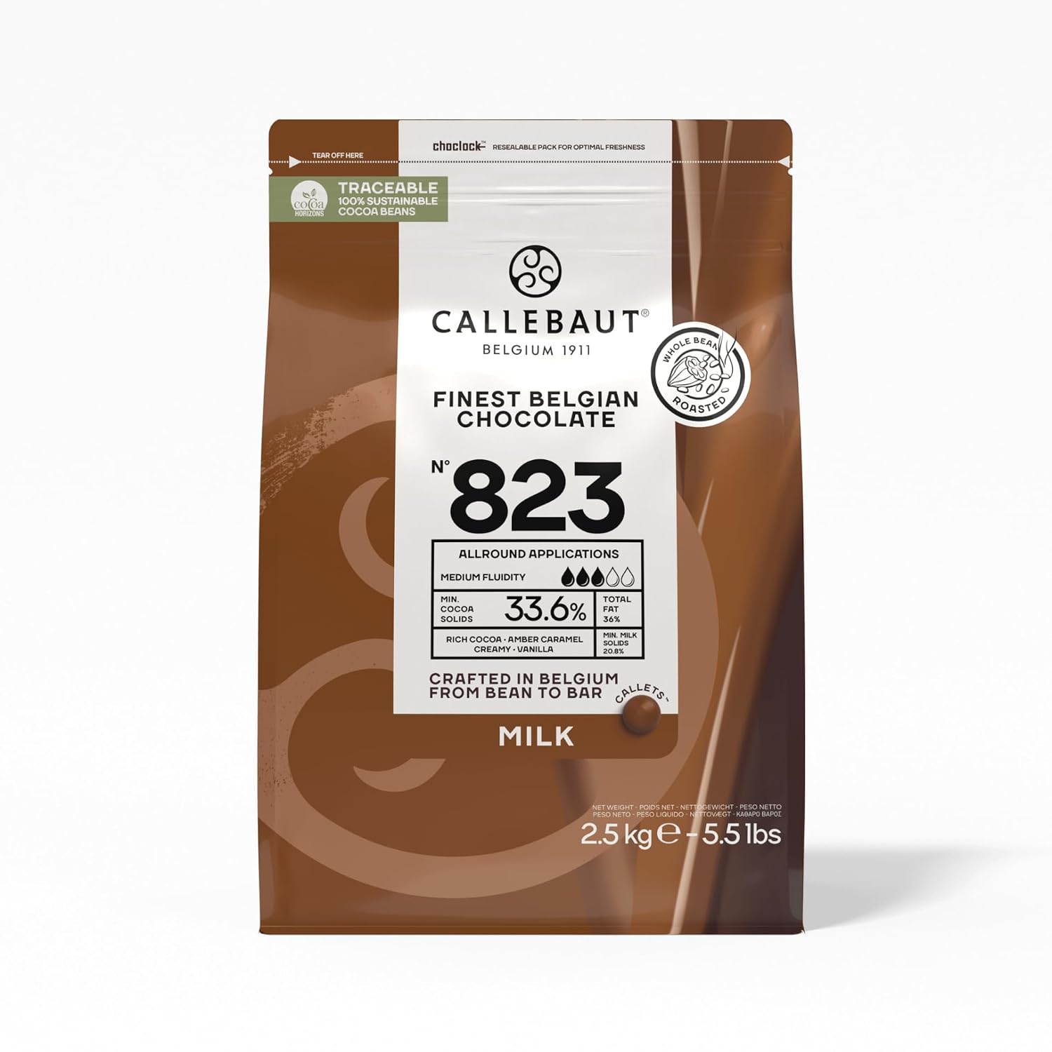 Callebaut Recipe No. 823 Finest Belgian Milk Chocolate With 33.6% Cacao, 20.8% Milk, 5.51 Pound