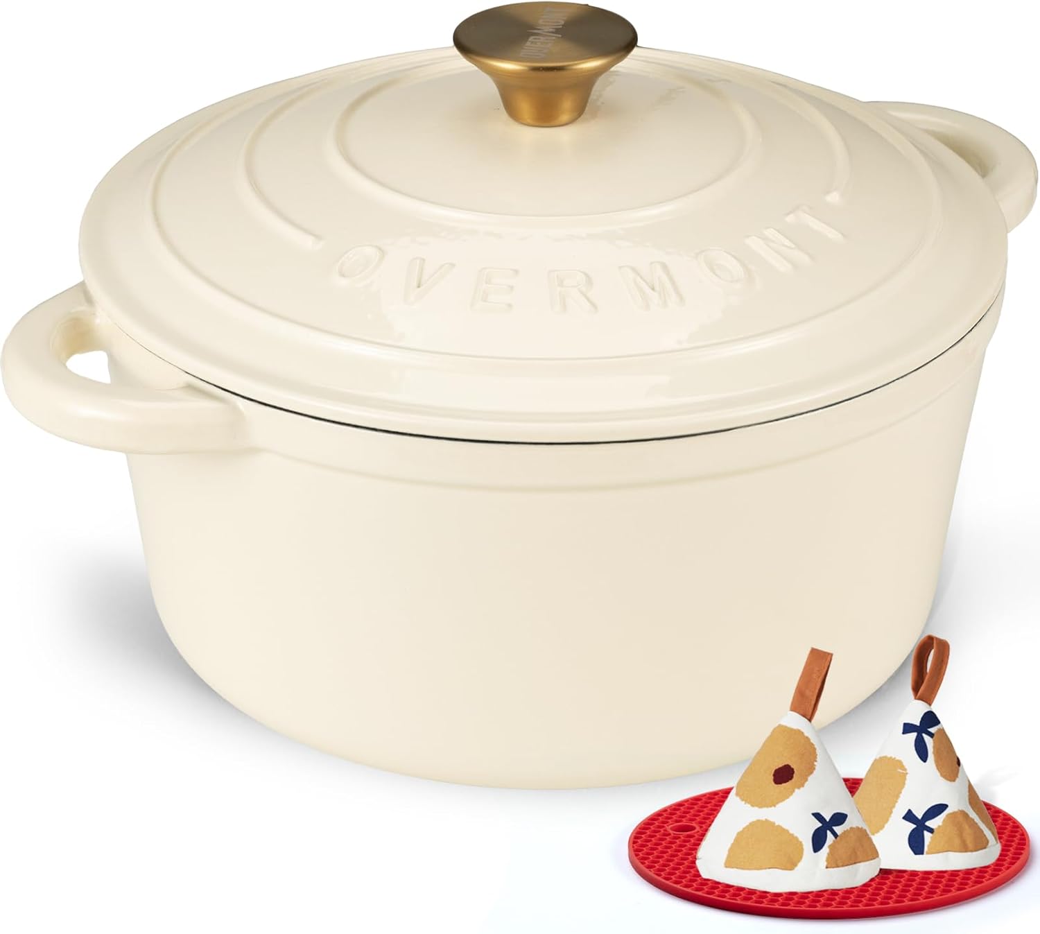 Overmont Enameled Cast Iron Dutch Oven - 5.5QT Pot with Lid Cookbook & Cotton Potholders - Heavy-Duty Cookware for Braising, Stews, Roasting, Bread Baking Cream White