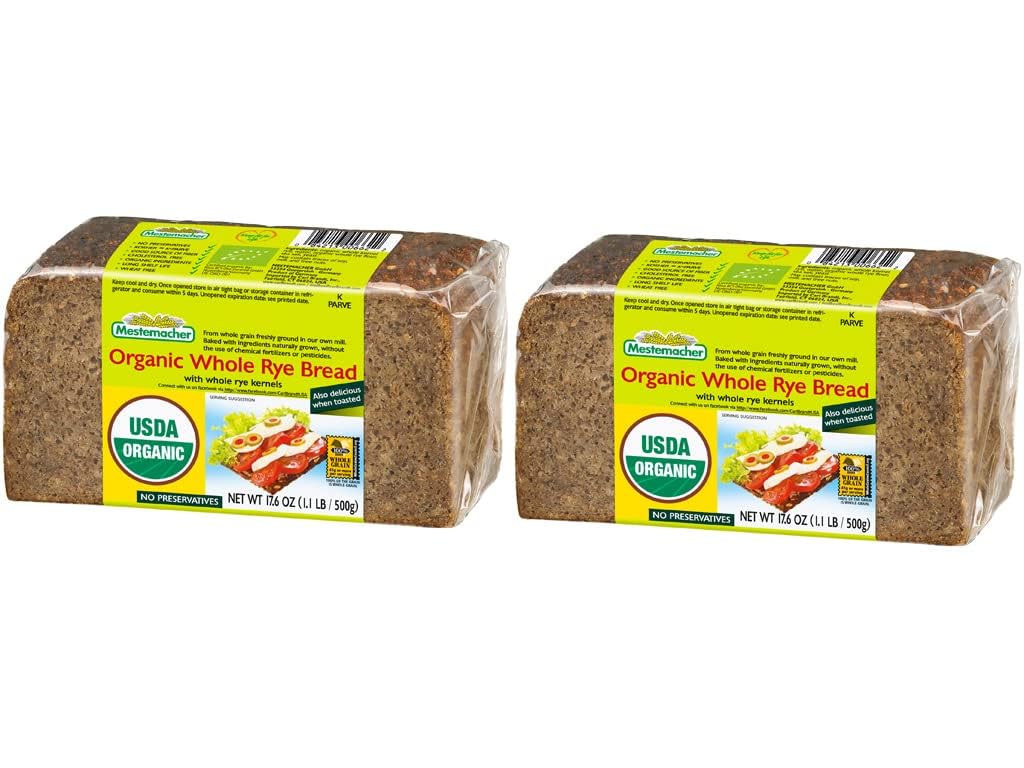Mestemacher Organic Whole Rye Bread, 17.6 Oz – Authentic German Whole Grain Rye Bread | High Fiber, Dense European Bread, USDA Organic, Non-GMO, Ready to Eat, Long Shelf Life (Pack of 2)