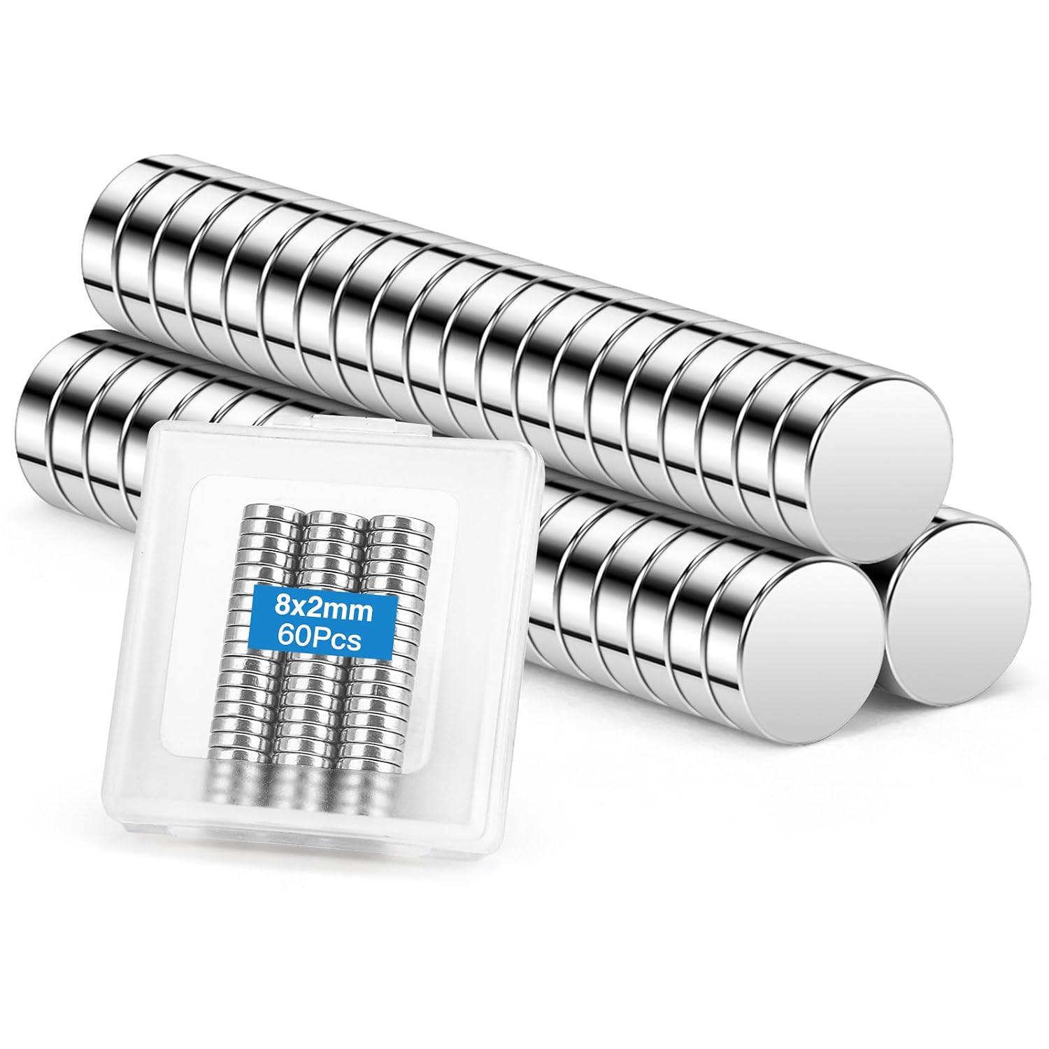 Wzone 8x2mm Small Magnets, 60 Pack Strong Fridge Magnets Disc Magnets for Office, Crafts, Whiteboard, Pin Board and DIY Picture
