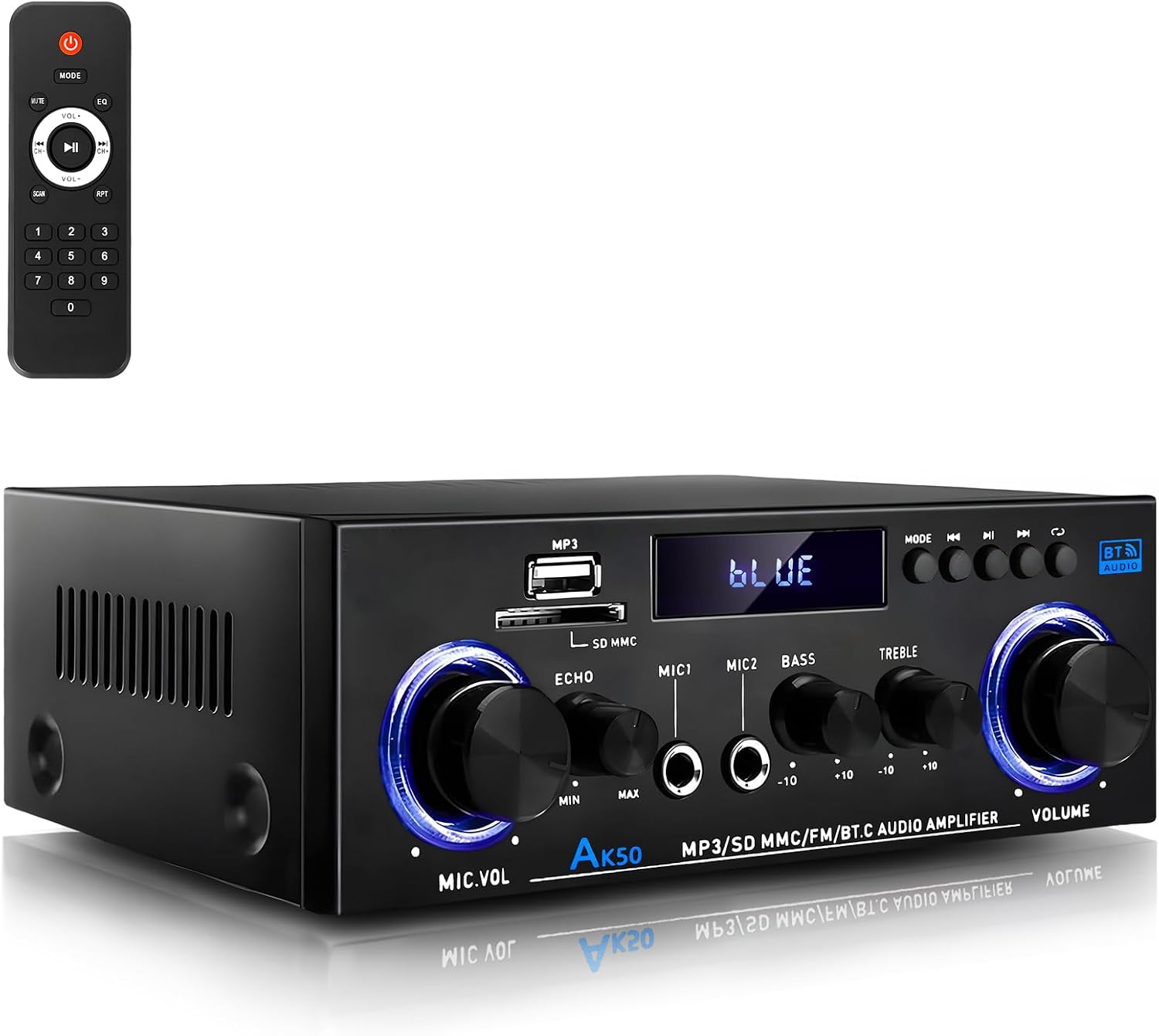 AK50 Bluetooth 5.0 Audio Amplifier 400W 2 Channel Stereo Receiver | with FM, Echo, AUX, USB, SD, MIC Inputs,for Passive Speakers and Active subwoofer