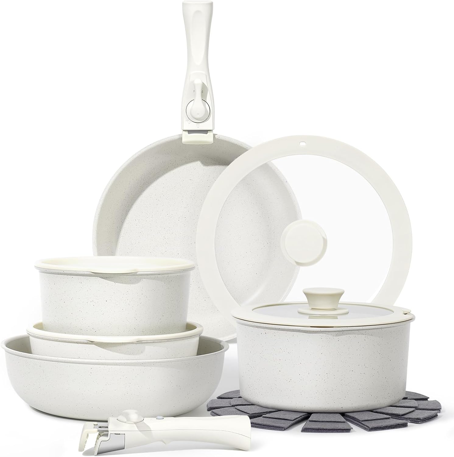 15Pcs Pots and Pans Set Non Stick, Cookware Sets with Detachable Handle, Nonstick RV Kitchen Cooking Set Removable Handles, Oven Safe, Induction Fast, Stackable Non-stick Set, White