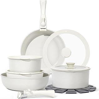 15Pcs Pots and Pans Set Non Stick, Cookware Sets with Detachable Handle, Nonstick RV Kitchen Cooking Set Removable Handles, Oven Safe, Induction Fast, Stackable Non-stick Set, White