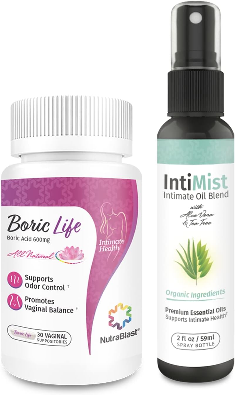 NutraBlast Boric Acid Vaginal Suppositories 600mg (30 Count) w/Intimist Essential Oils Blend Spray (2 fl oz)
