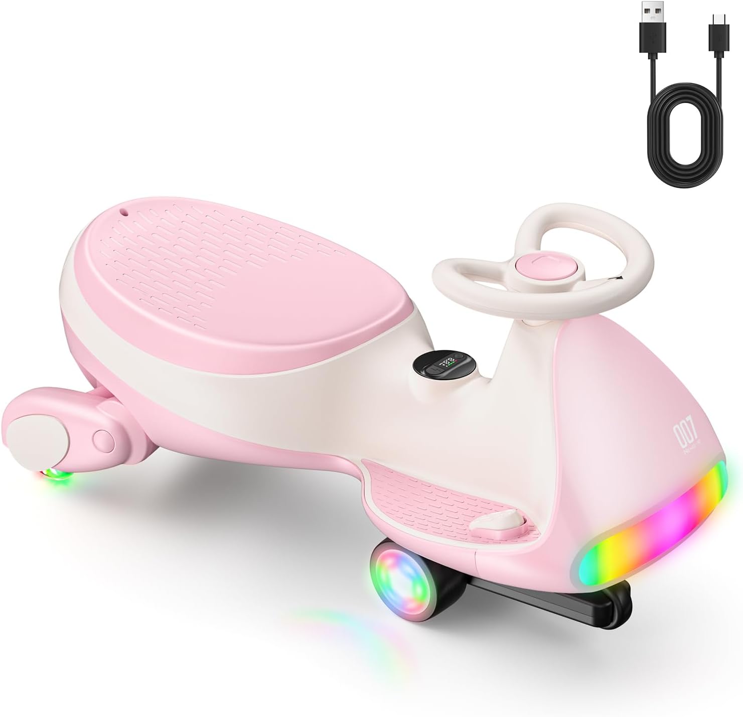 FanttikRide N7 Ultra Quiet Electric Wiggle Car, USB-C, Digital Display | Ride on Car with 9 Color LED Lights, 2 Speeds Max 4 Mph, Kids Car for Ages 3+, Easy Assembly, MagicMute, Pinkish White