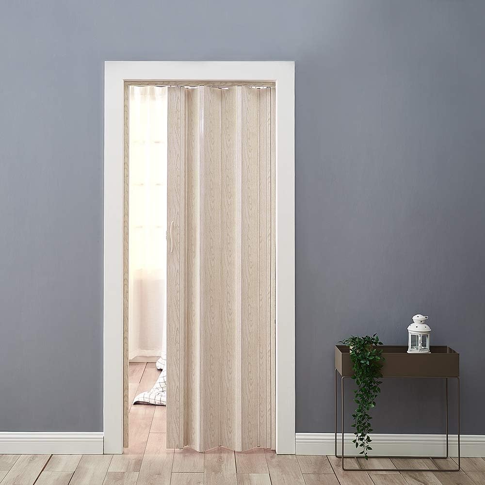 PVC Folding Door, Internal Plastic Folding Concertina Door with Gloss Acrylic Widths Adjustable from 610mm - 860mm, with Panels Magnetic Locks (Ivory)