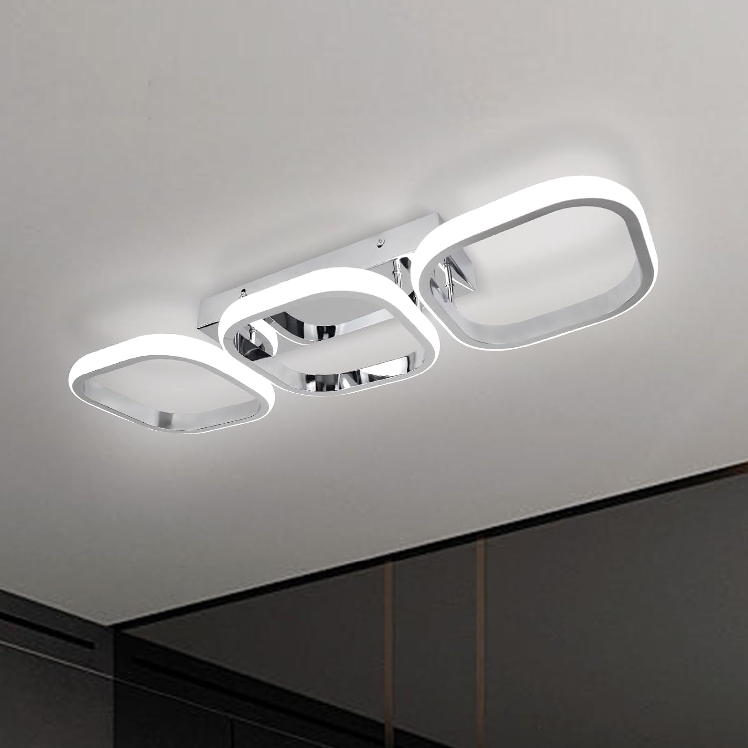 EIDISUNY Modern Led Ceiling Light, Flush Mount Ceiling Lamp 3 Squares LED, Close to Ceiling Lighting Fixtures for Hallway Bedroom Living Room Kitchen Office Entrance - 33W Cool White Light (Silver)