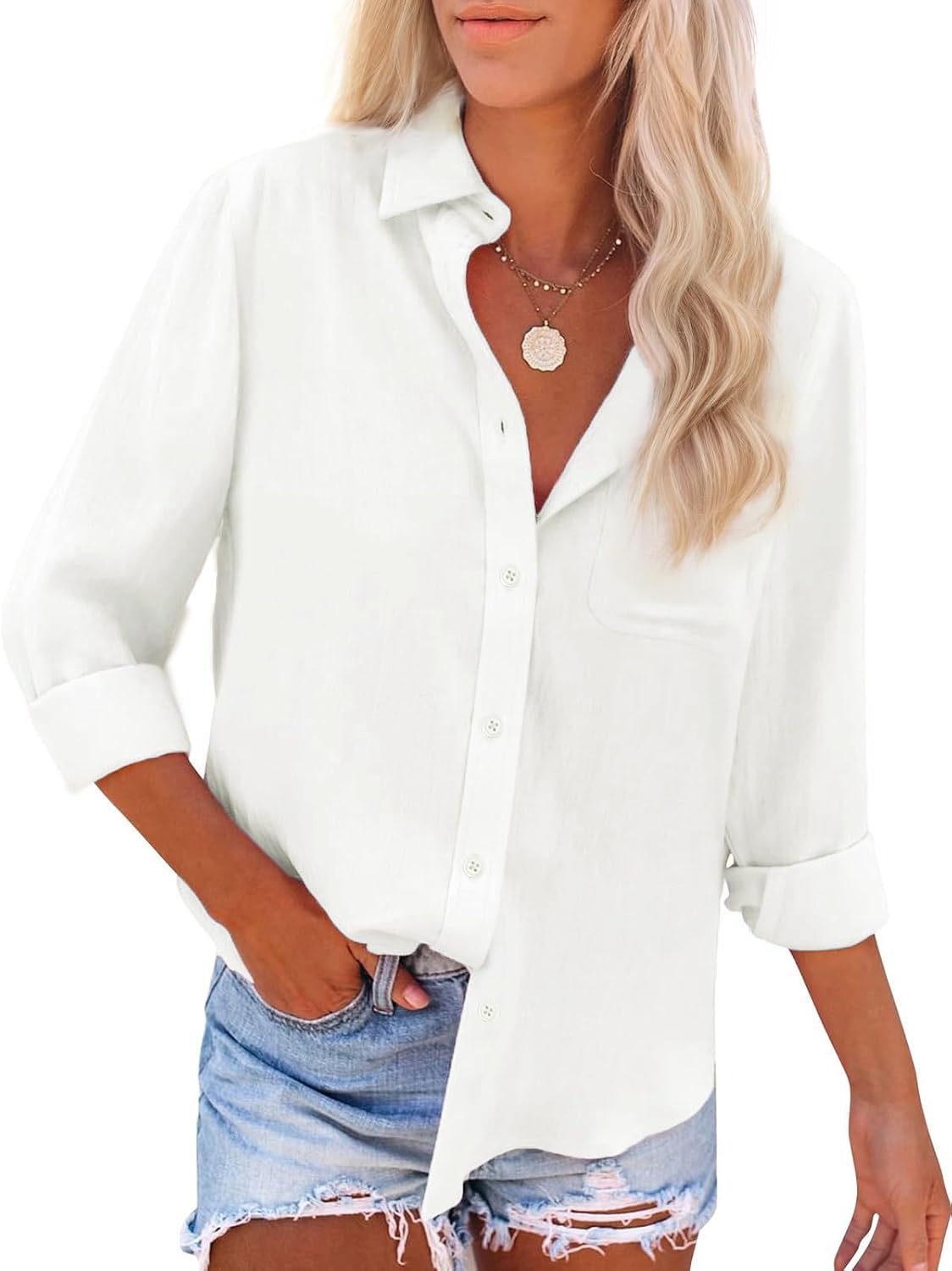 Womens Button Down Shirts Long Sleeve Dress Linen Shirts Casual Collared Cotton Button Up Blouses Oversized Tops with Pockets