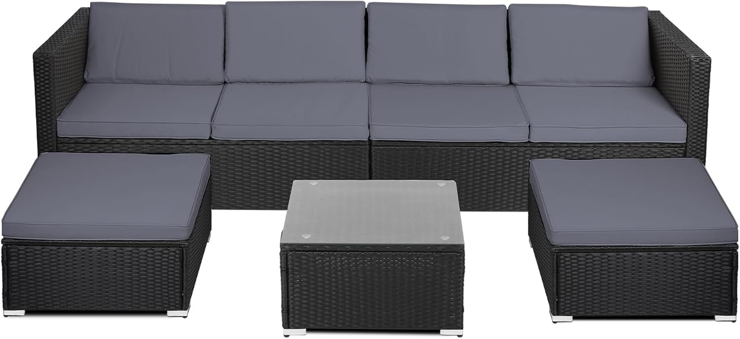 Panana 6 Seater Rattan Garden Furniture Set Wicker Patio Lounge Sofas with Table Stools Sectional Modular Combination for Conservatory Outdoor Backyard Poolside