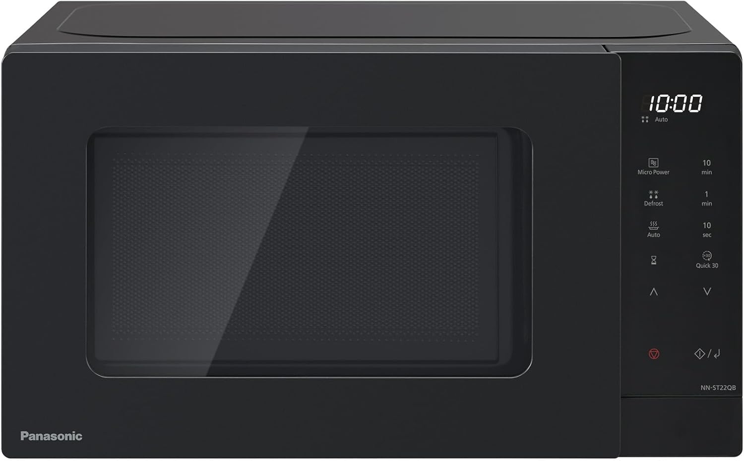 Panasonic NN-ST22QBBPQ 20L Solo Microwave Oven with Glass Tray, 800W, Auto Defrost, 8 Auto Programmes, LED Display, 5 Power Settings, Digital Timer, Black