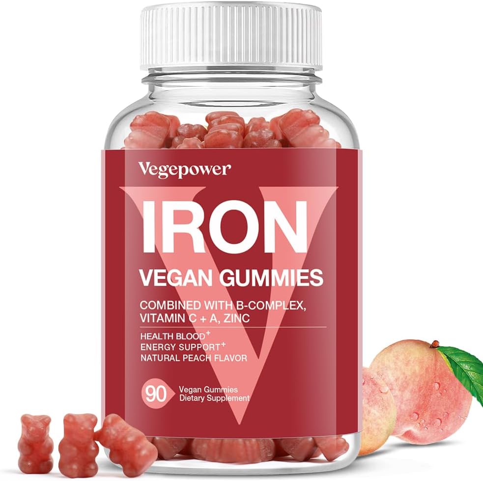 Vegan Iron Gummies Supplement for Adults & Kids, Peach, 90 Ct | with Vitamin C, A, B-Complex, Folate, Zinc - Healthy Blood & Energy Support for Iron Deficiency, Anemia, No Gelatin, Non-GMO