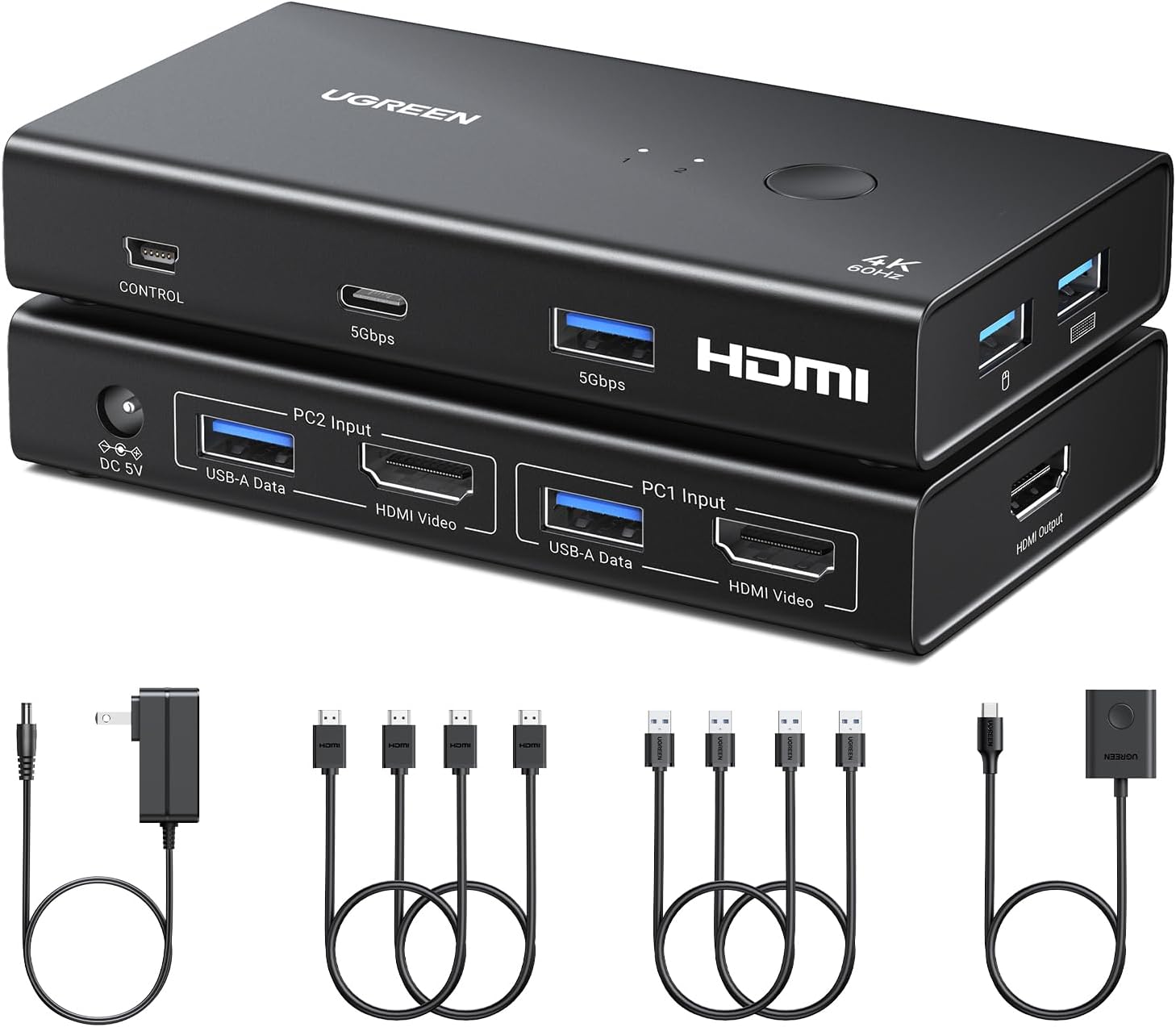 UGREEN HDMI KVM Switch 1 Monitor 2 Computers, with 4 USB 3.0 Ports, 4K@60Hz