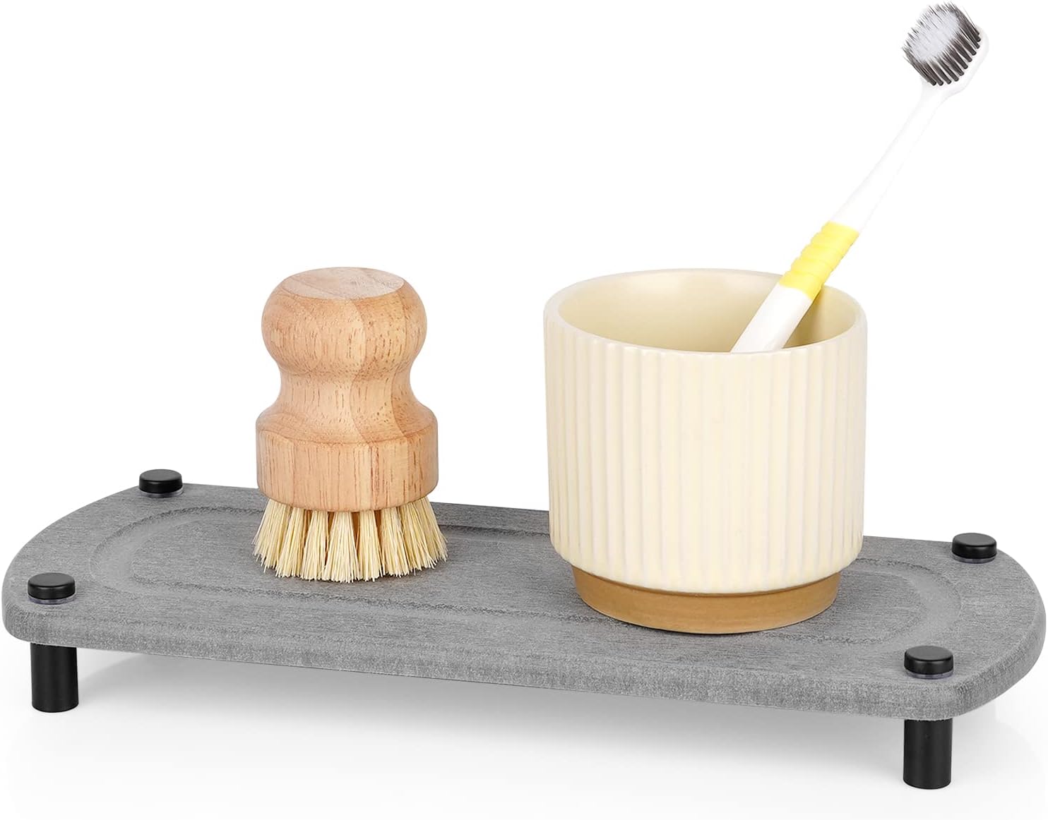Ozzptuu Sink Caddy Instant Dry Kitchen Sink Organizer Sponge Holder for Kitchen Sink Diatomaceous Pedestal Stand Riser with Stainless Steel Feet Protection for Modern Home (Grey)