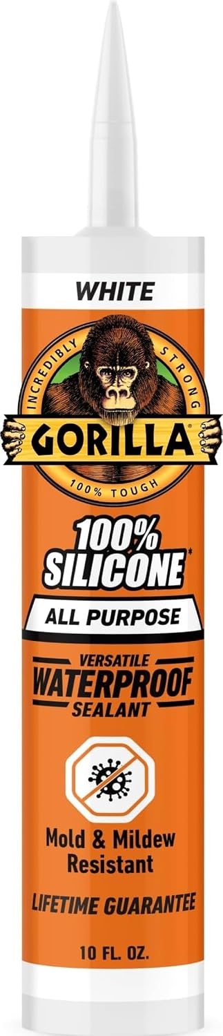 Gorilla 100% Silicone Waterproof Caulk, All-Purpose, White, 10 oz Cartridge | 30-Minute Water-Ready Cure, Mold and Mildew Resistant, Highly Flexible Sealant