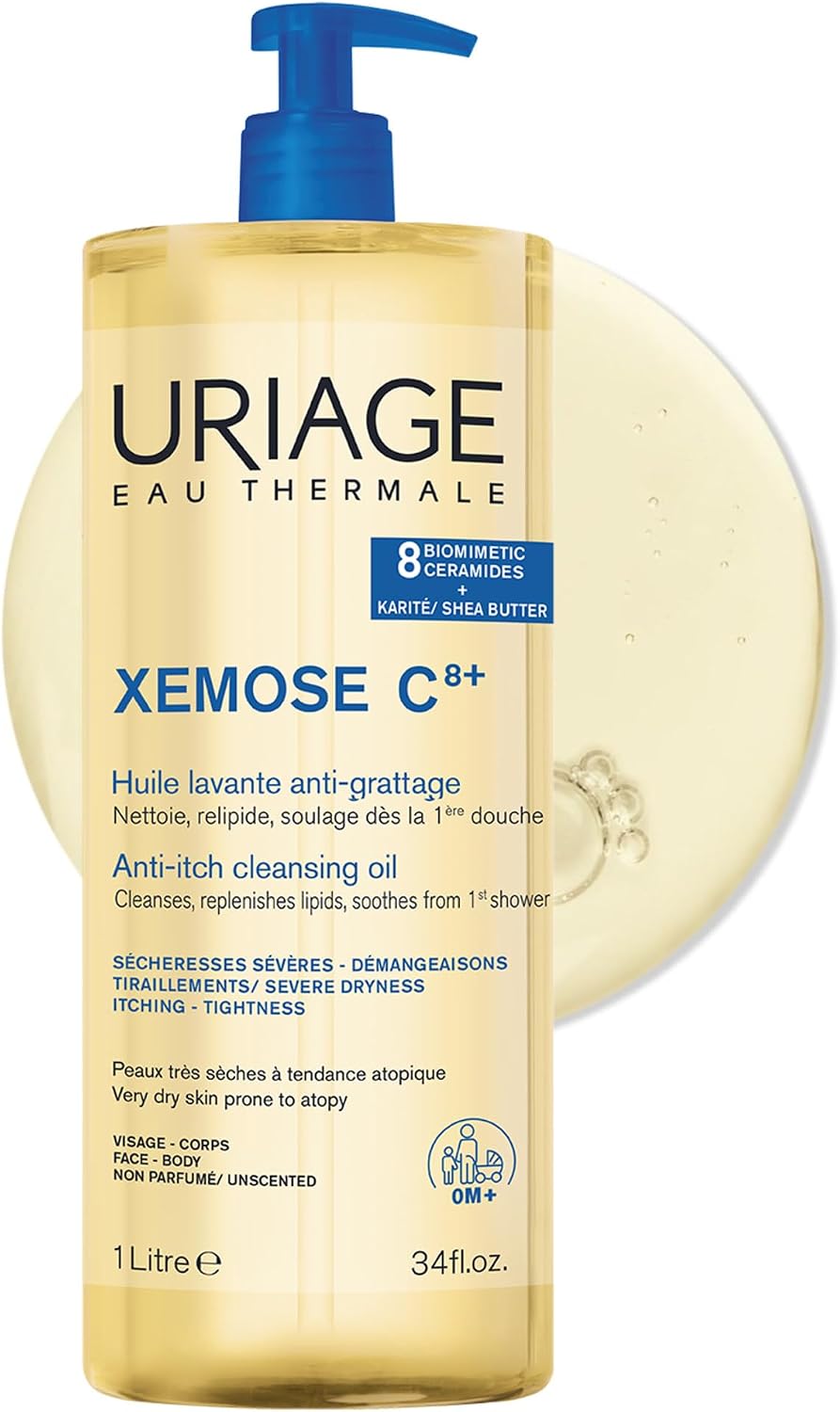 Uriage Xemose Cleansing Soothing Oil - Nourishing Cleansing for Face & Body with 19% Glycerin & Shea Butter - Dry Skin Prone to Atopy - Soothes Itching Sensations - Fragrance-free & Soap-free - 1L