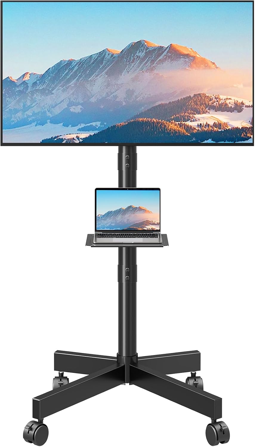 MOUNTUP Mobile TV Stand on Wheels, Rolling TV Cart for 23-65 inch TVs with Media Shelf, Height Adjustable TV Mount Stand with Tilt, Holds 35kg, Max VESA 400x400mm, EU1117B