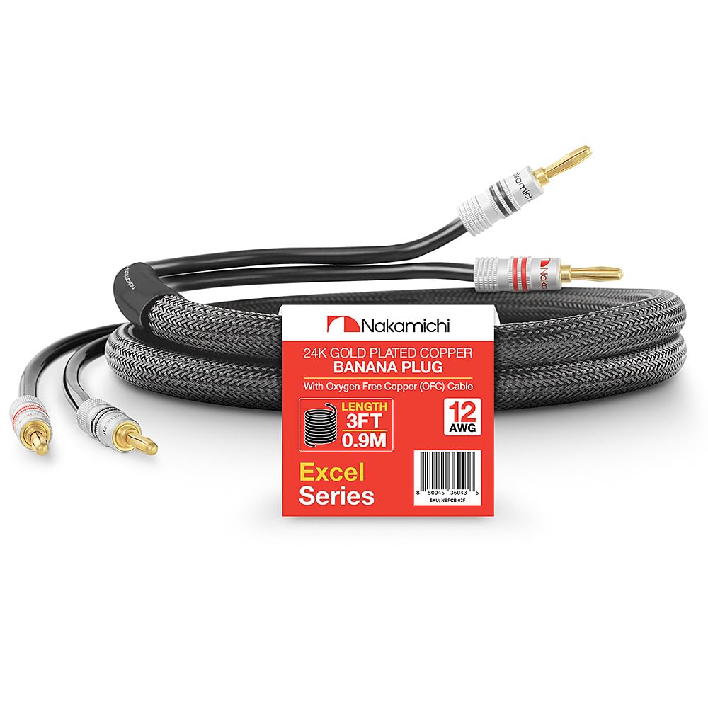 Nakamichi Excel Series 24k Gold Plated Banana Plug with (3 Feet) 12AWG Speaker Cable Wire 99.9% Oxygen-Free Copper (OFC) Heavy Duty Braided for Amplifier Hi-Fi Home Theatre - Black (3ft/0.9m)