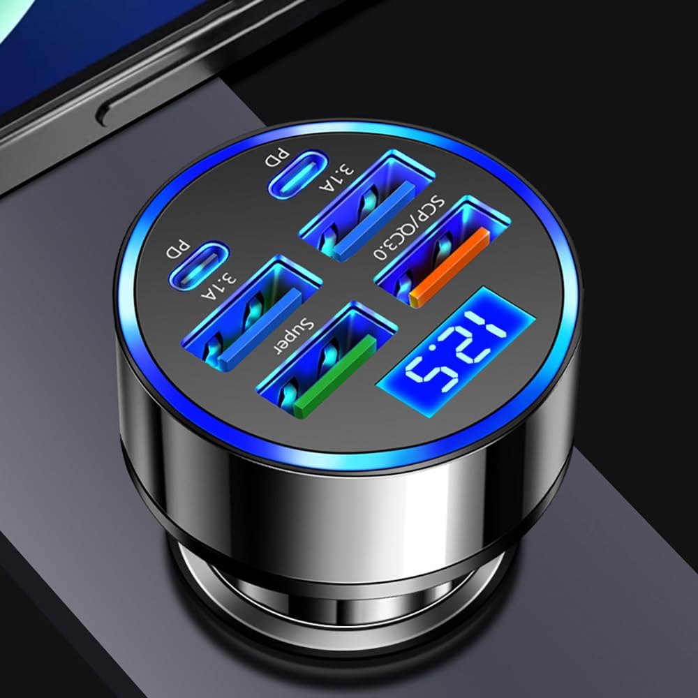 6-in-1 Multi-Port Car Charger with Voltage Detection, 2PD+3USB+QC3.0 Fast Charge Cigarette Lighter Plug Adapter Compatible with iPhone,Android,Samsung,iPad Pro and More