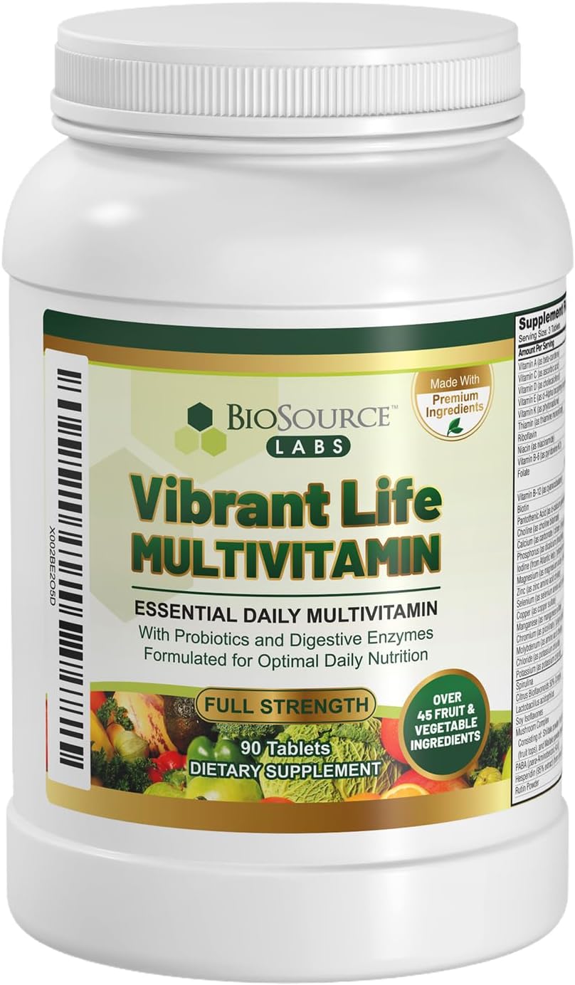 BioSource Labs Vibrant Life Multivitamin with Probiotics, Digestive Enzymes & B-Complex – Over 45 Fruits and Veggies, Non-GMO, Gluten-Free, Daily Vitamins & Minerals for Men & Women (30-Day Supply)