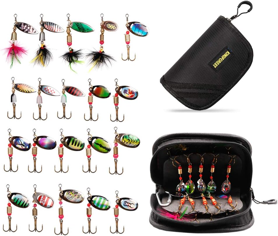 KINGFOREST 10-20pcs Fishing Lures Spinnerbait for Bass Trout Salmon Walleye Hard Metal Spinner Baits Kit with Tackle Box