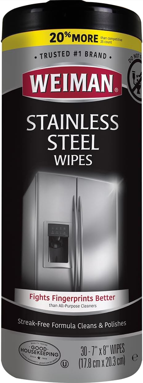 Weiman Stainless Steel Cleaner, 30 Count Cleaning Wipes, Removes Dirt, Grime, and Grease, No Streaks or Residue, Stainless Steel Polish for a Sparkling Clean and Shiny Surface, Cleaning Supplies