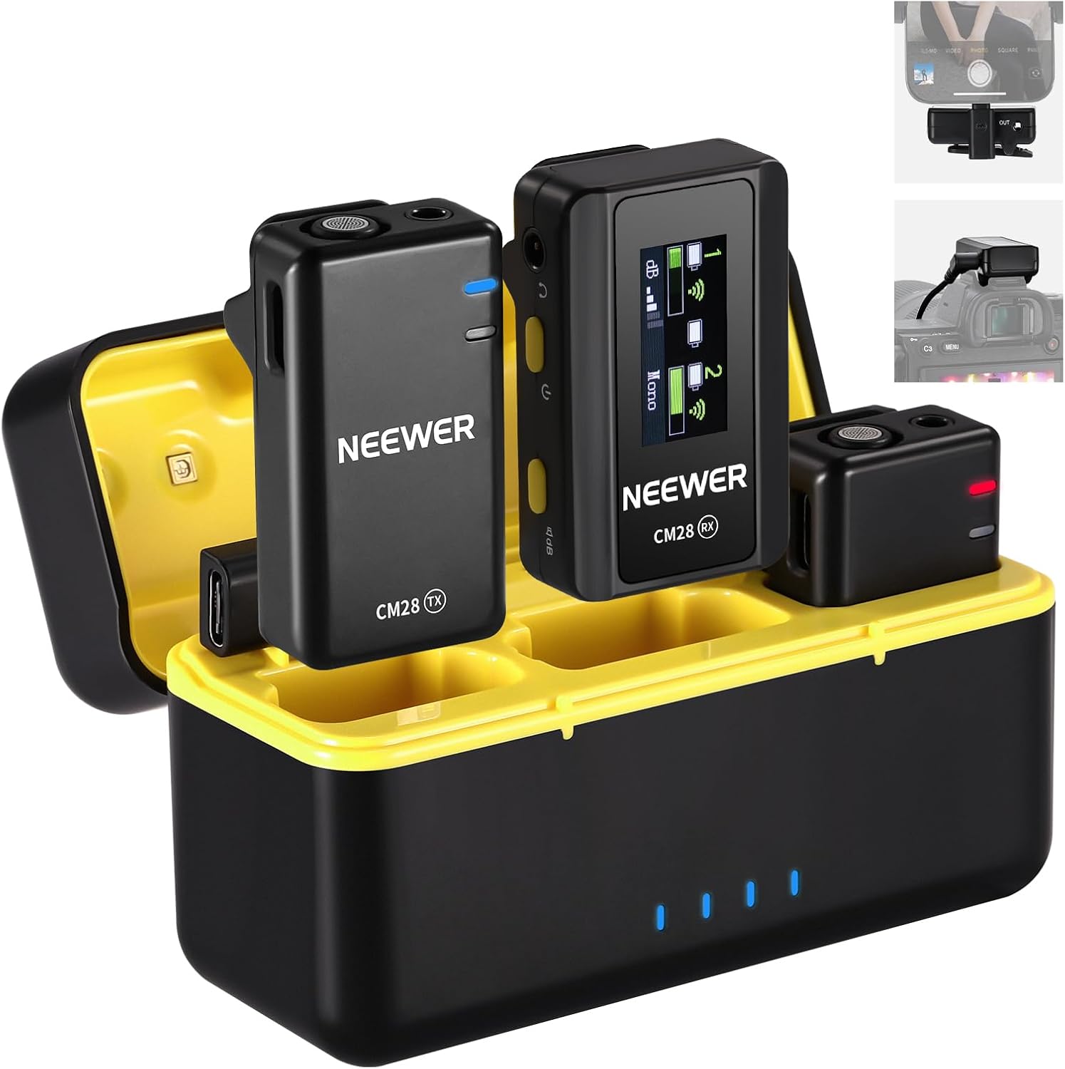NEEWER CM28 Wireless Lavalier Microphone, Smart Noise Cancelling Lav Mic, 48KHz/16Bit 9hrs Uncompressed Recording, 200m Range, 4GB Storage for iPhone, Android, Camera, 1 RX + 2 TX + Charging Case