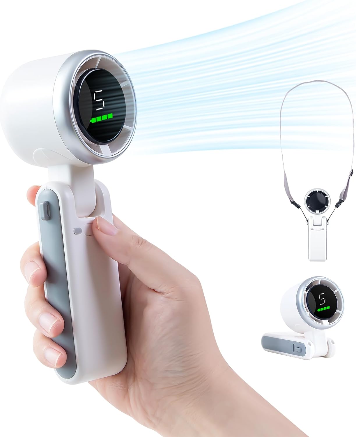 HONEYYEAR Portable Handheld Turbo Fan, 3600mAh Battery Operated with LED Display, Mini Portable, 180°Adjustable, 5 Speeds, Handheld/Neck/Desk 3 in 1 Personal Hand Fan for Indoor Outdoor white.