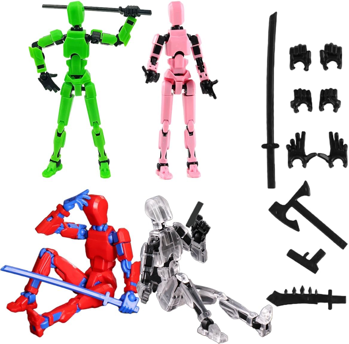 YNTOXIN 4PCS T13 Action Figures Set Lucky 13 Action Figure Multi-Jointed Movable Toy For Kids(DIY Green-pink-Red blue-transparent)
