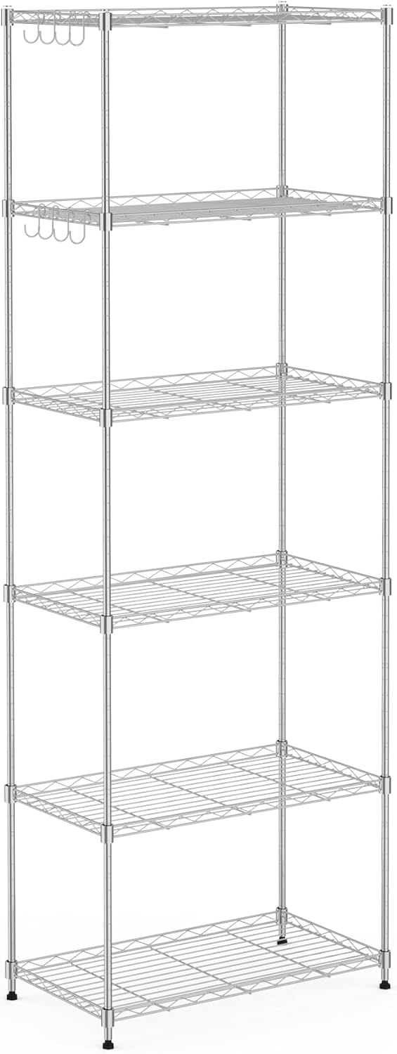 Mondeer Metal Shelving Units, 6 Tiers Kitchen Storage Shelf with 8 Hooks, Height Adjustable, for Bathroom Living Room Balcony, Silver