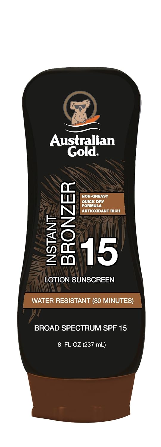 Australian Gold Sunscreen Lotion with Instant Bronzer SPF 15, 8 Ounce | Broad Spectrum | Water Resistant | Non-Greasy | Oxybenzone Free | Cruelty Free