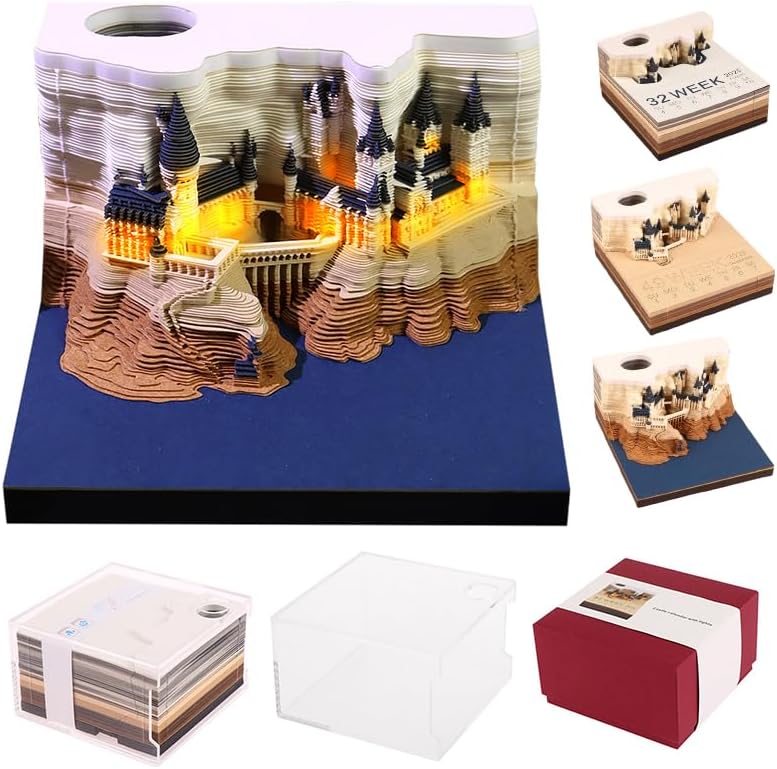 Time Piece Calendar 2026 Desk Calendar with LED Light 3D Tear-away Paper Carving Art Memo Pad Notepad Gift for Christmas Housewarming Desktop Decoration (With Calendar & Light)