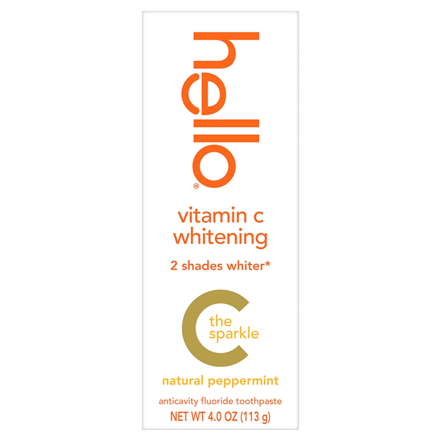 Hello Vitamin C Whitening Toothpaste with Fluoride, Whitening SLS Free Toothpaste, Up to 2 Shades Whiter Teeth, No Peroxide, Safe for Everyday Use, Natural Peppermint, 4.0 Oz