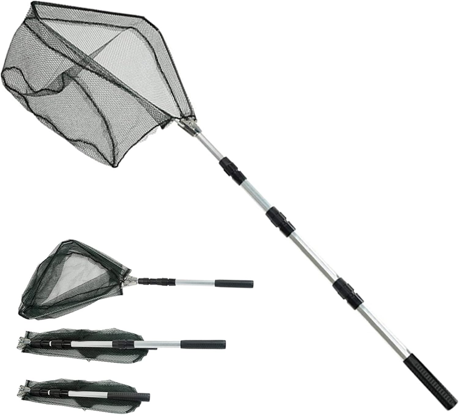 Telescopic Folding Fishing Landing Net, 1.9m Pole Collapsible Extensible Aluminum long Handle,Stainless Steel Triangular,For Bird Fish Catch,Aquarium,Ponds Floating Objects,Carp Trout
