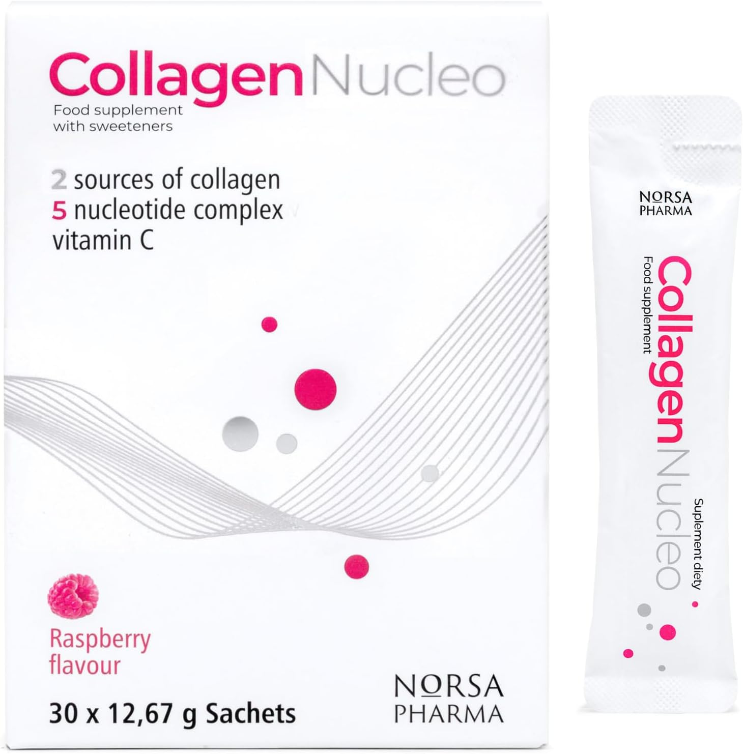 Norsa Pharma Collagen Nucleo (Raspberry / 30 Sachets) | Premium Marine & Bovine Collagen Complex with 5 Nucleotides & Vitamin C | High Bioavailability | Sugar Free | For Skin, Joint & Immunity Support