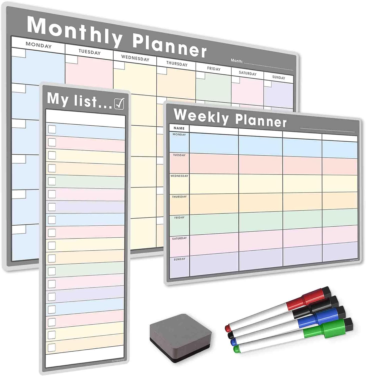 TMS #1 Magnetic Whiteboard Planner Pack/Custom Dry Erase Set | Weekly Planner, My List, Monthly Calendar | 4 Dry Wipe Marker Pens (Pastel/Grey, Bundle 1)